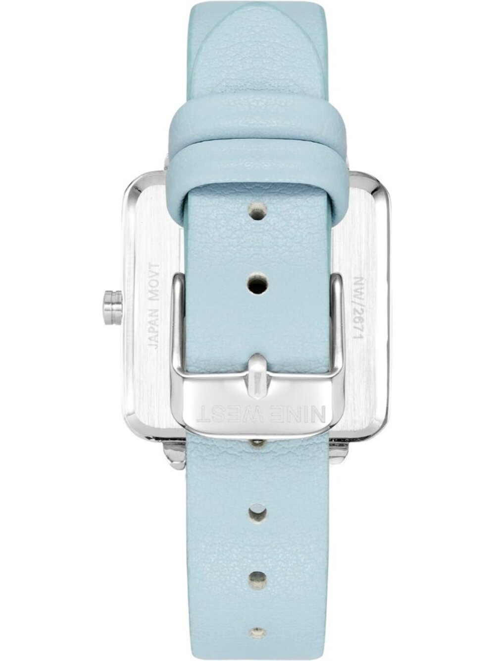 Nine West Women's Light Blue Silver Analog Solid Faux Leather Strap Square Watch - Picture 3 of 6